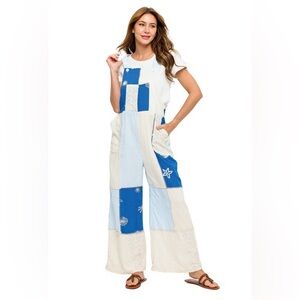 Patchwork Blue & White Wide-Leg Jumpsuit